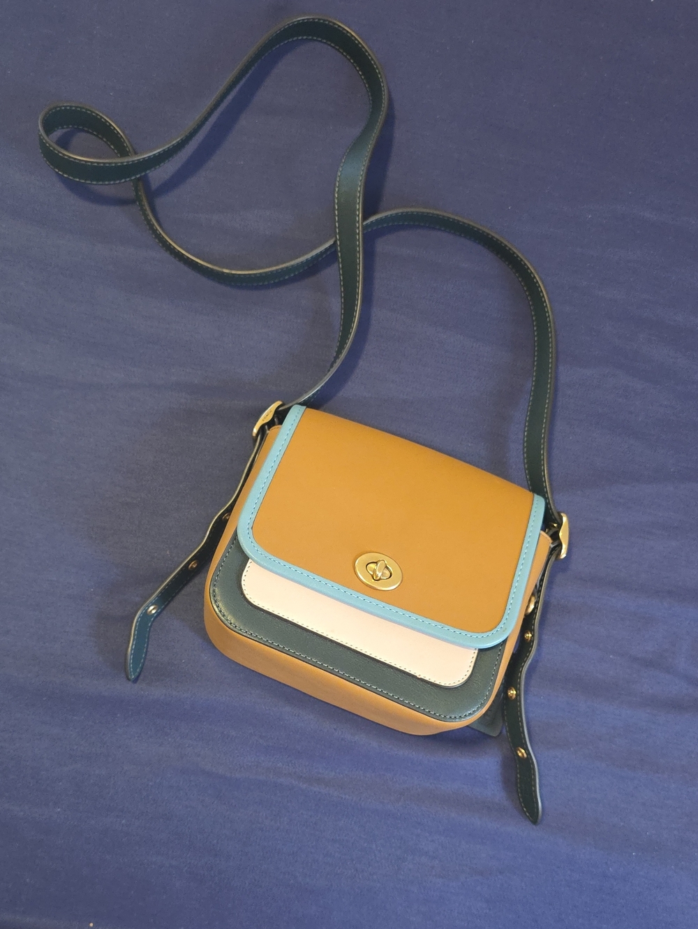 Coach Colorblock Leather Crossbody in Tan, Teal & White with Gold-Tone Turnlock